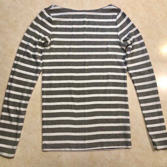 Long-sleeved Boatneck Gray and White Striped Tee - Picture 1 of 4